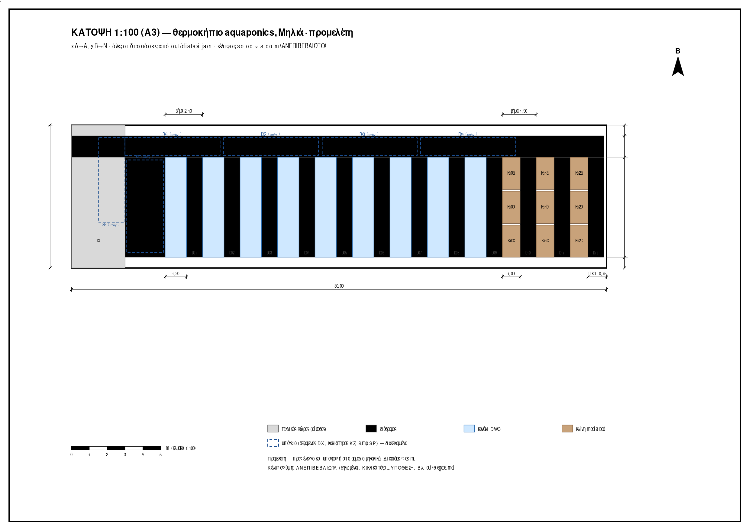 Κάτοψη 1:100 θερμοκηπίου aquaponics 30x8